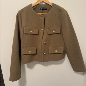 Olive Green Brown Collarless Cropped Ladies Jacket with Gold Buttons Zara